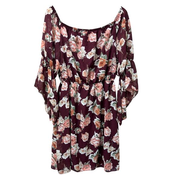 Wilde Floral Boho Dress Large Off Shoulder Burgundy Sheer‎ Ruffle Sleeve Cottage - Picture 5 of 8